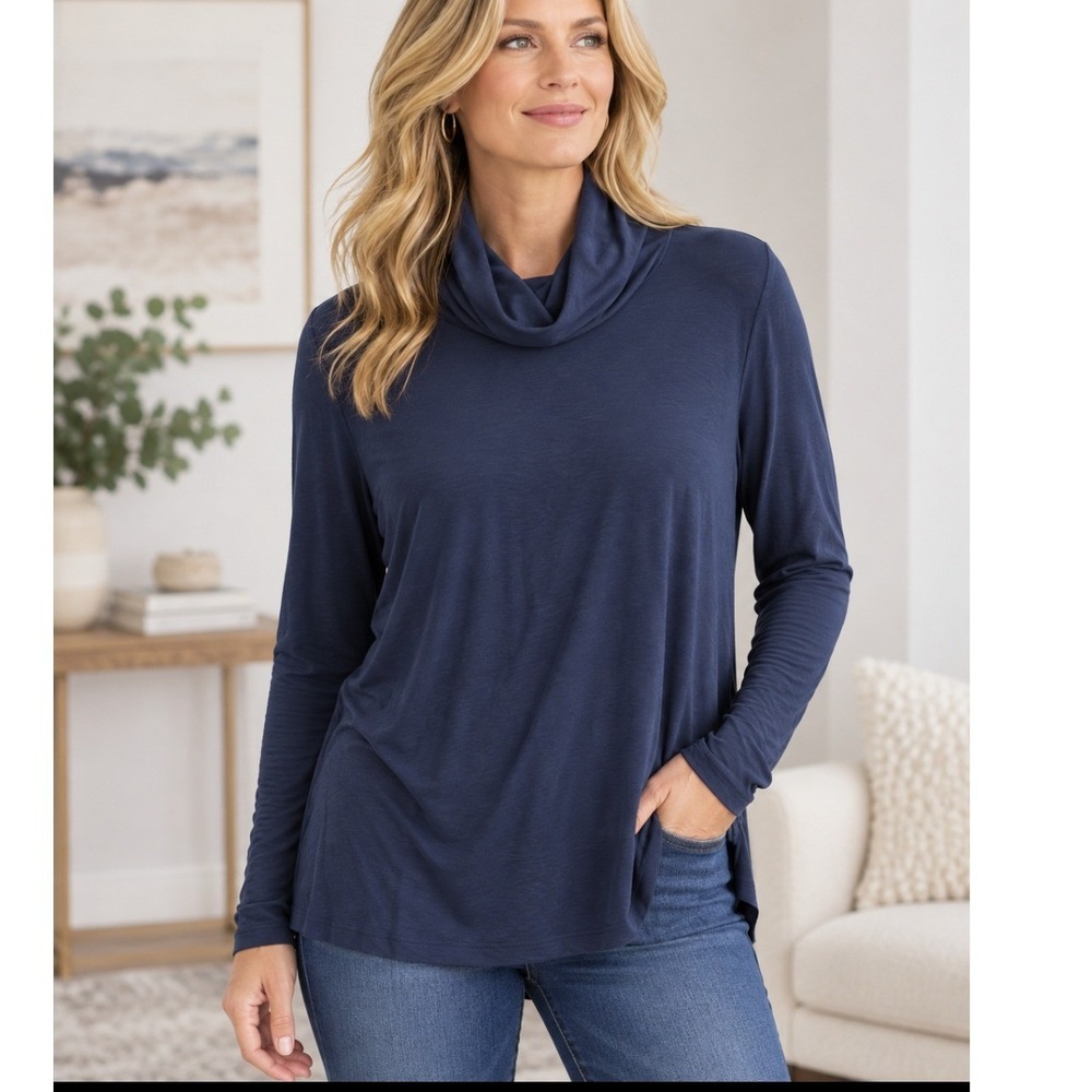 Tahari Women's Medium Navy Blue Cowl Neck Long Sleeve Stretch Top Blouse
